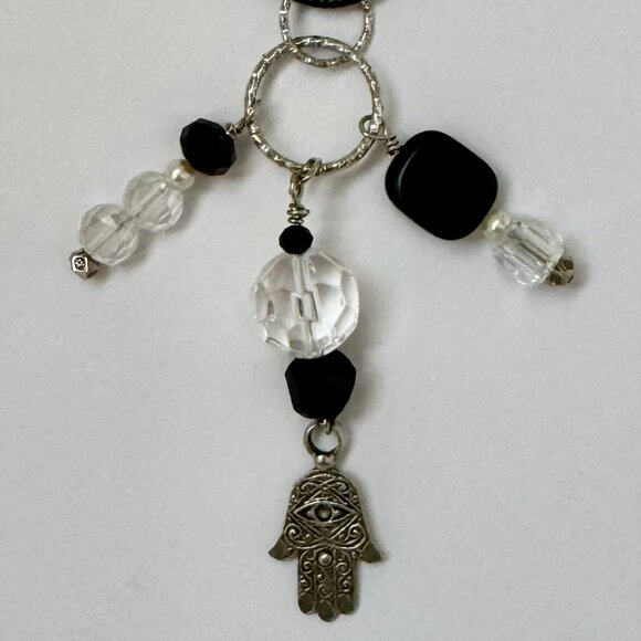 Necklace handmade 3 tier dangle silvertone hamsa clear black glass/beads OOAK - Picture 2 of 9